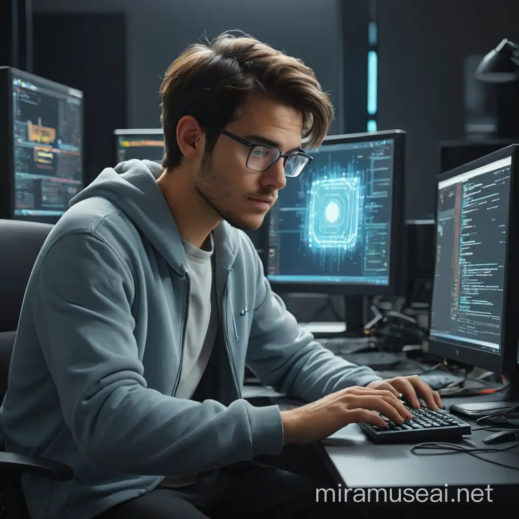 Programmer Working on a Large Computer with Hologram Display