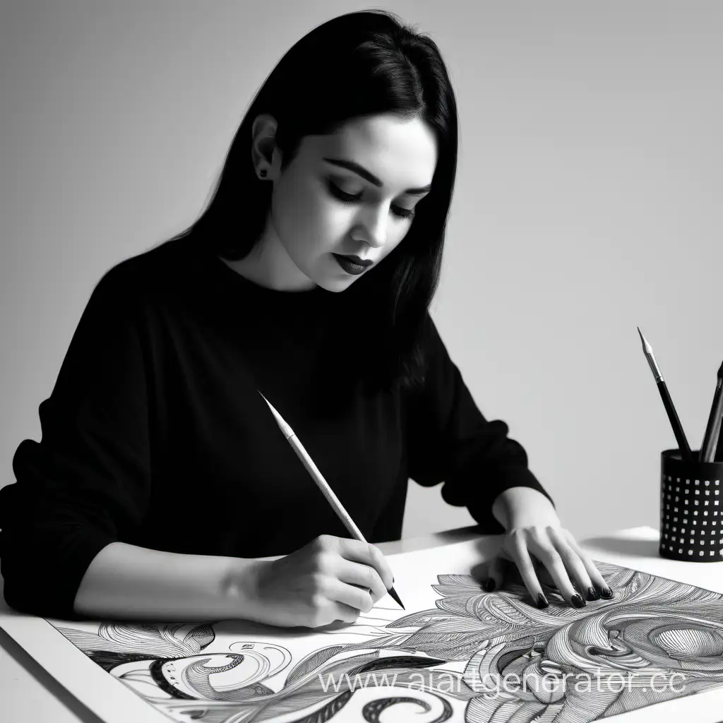 женщина художник иллюстратор дизайнер за работой черно-белое