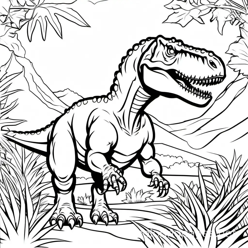 The Tyrannosaurus Rex, Coloring Page, black and white, line art, white background, Simplicity, Ample White Space. The background of the coloring page is plain white to make it easy for young children to color within the lines. The outlines of all the subjects are easy to distinguish, making it simple for kids to color without too much difficulty, Coloring Page, black and white, line art, white background, Simplicity, Ample White Space. The background of the coloring page is plain white to make it easy for young children to color within the lines. The outlines of all the subjects are easy to distinguish, making it simple for kids to color without too much difficulty