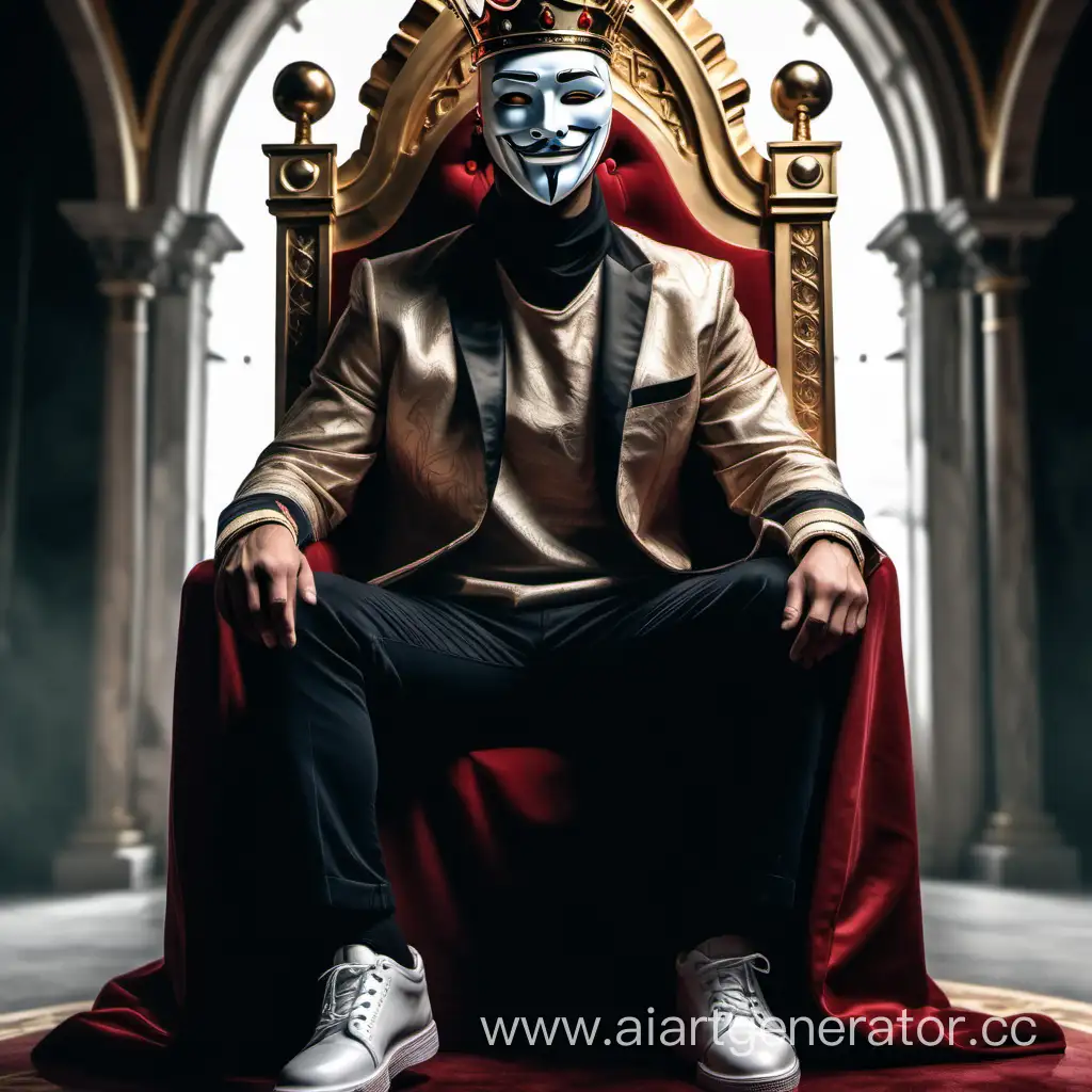 Draw a man with a mask on his face sitting on the king's throne