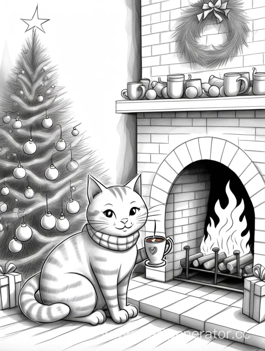 Нарисованный в простом карандашном стиле  рыжий антропоморфный кот сидит у камина с чашкой како с маршмеллоу в руках и весело поздравляет с рождеством на фоне ветки елок, колокольчики 