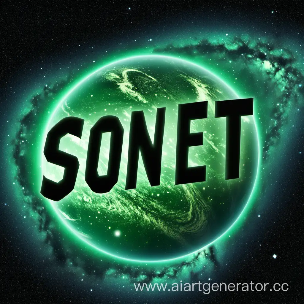 SONET, зеленными буквами, надпись находиться на планете Земля, на фоне галактики Млечный путь.