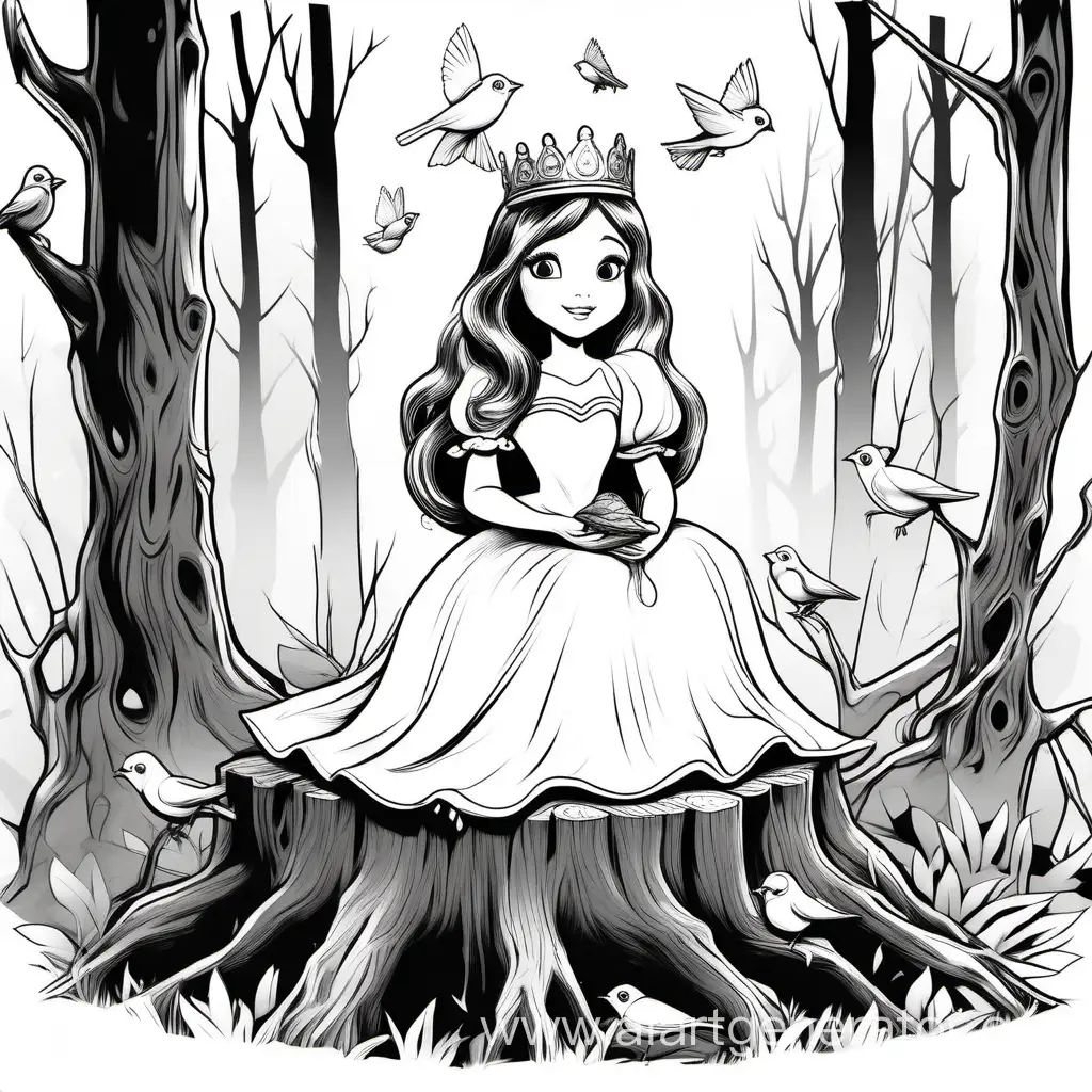принцесса,которая сидит в лесу на пеньке и держит в руках птичку