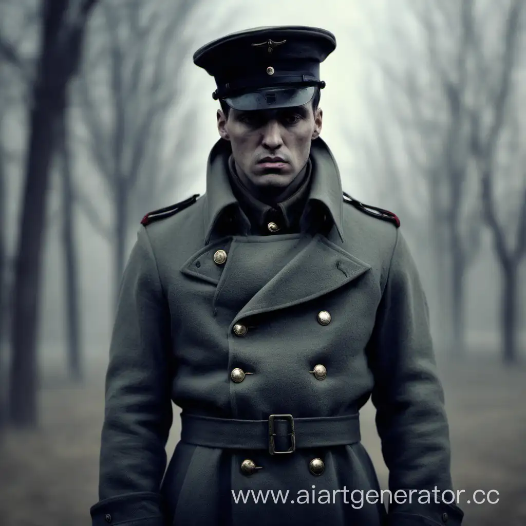 The soldier in the greatcoat looks sad