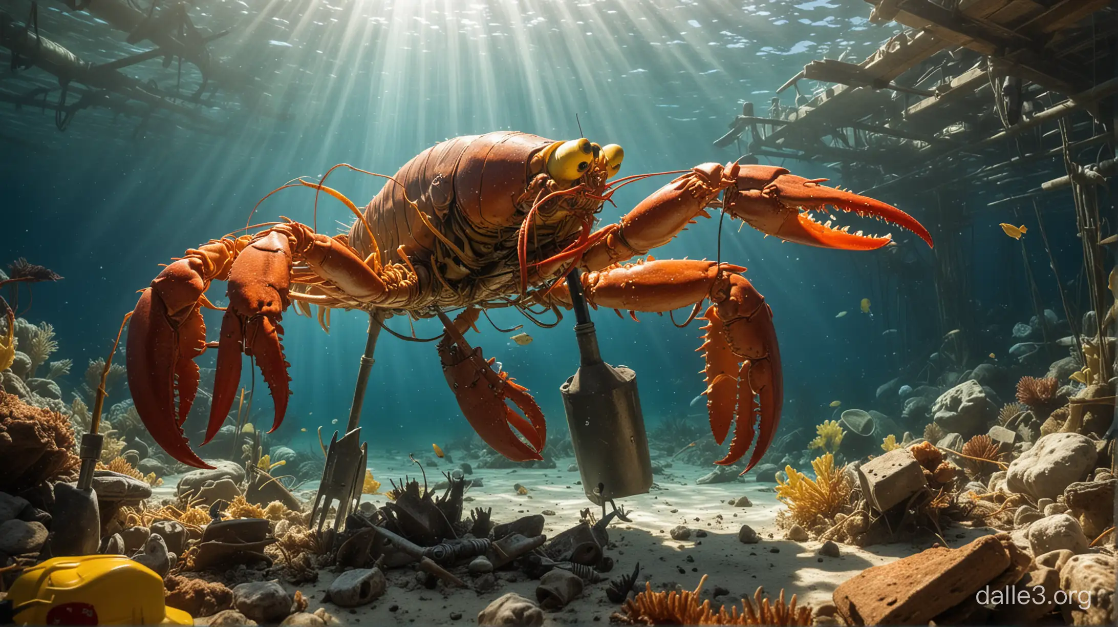 The header image features a vibrant underwater scene with a light blue background representing the ocean depths. In the center, there's a cute cartoon lobster wearing a yellow hard hat and holding a hammer in one claw and a saw in the other. The lobster has a determined expression on its face as it busily works on constructing something. Behind the lobster, there are various construction tools scattered around, such as wrenches, screwdrivers, and nails. Sunlight filters down from the surface, casting rays of light and creating a warm, inviting atmosphere. Overall, the image captures the industrious spirit of the lobster as it goes about its construction work in the underwater world.