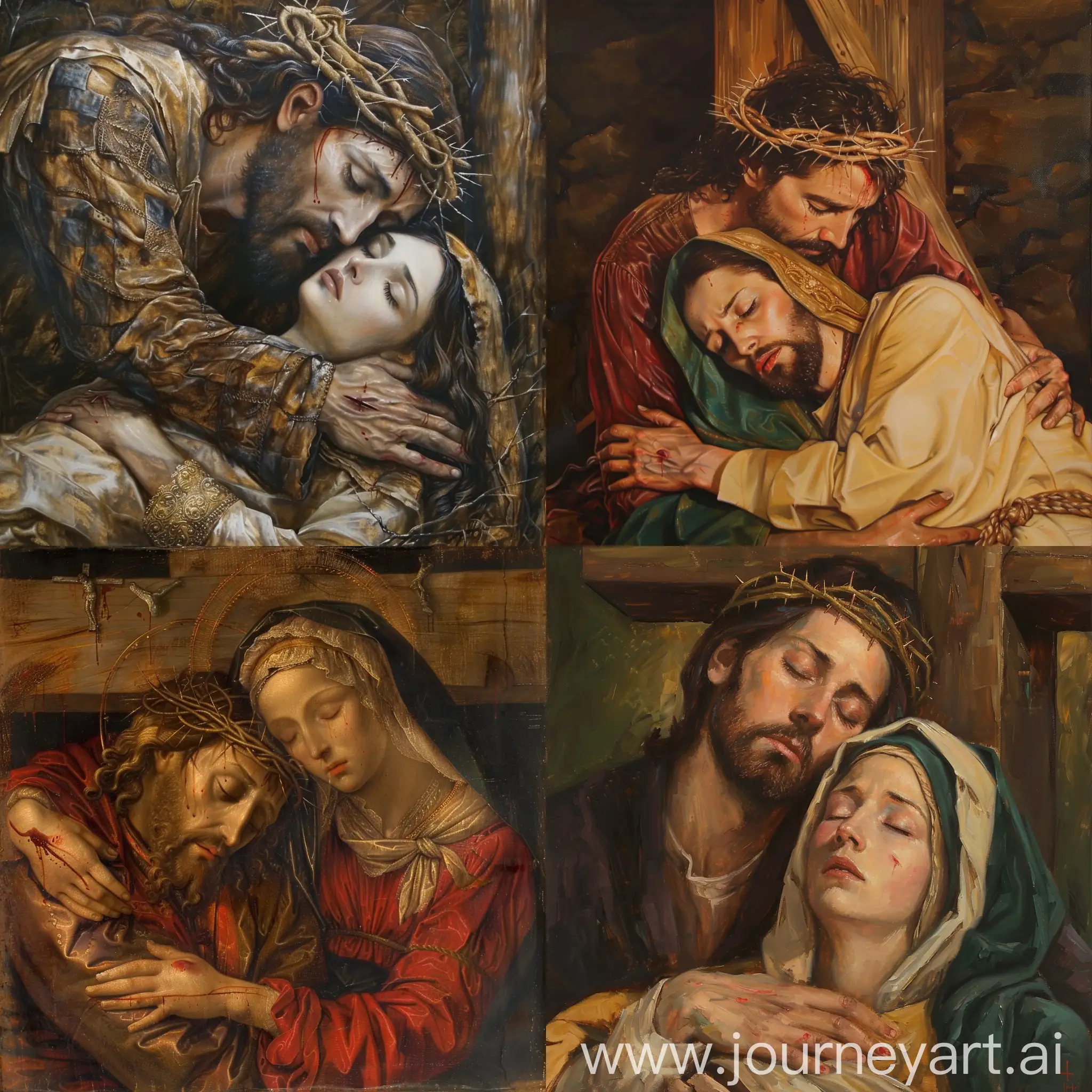 Emotional-Oil-Painting-of-Jesus-Christs-Crucifixion-Embraced-by-Mother-Mary