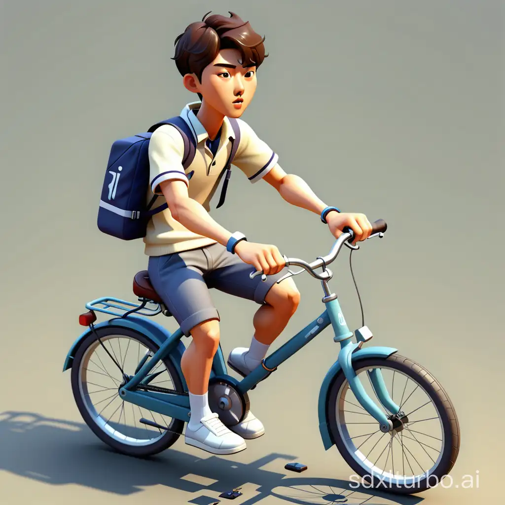 external isometric computer game graphics of a Korean collegeboy riding bicycle, perfect, accurate proportions, accurate bicycle