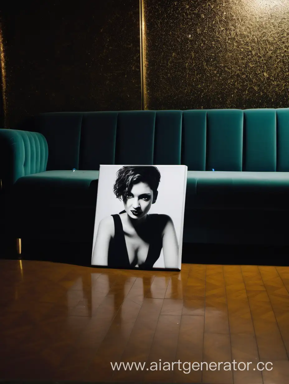 Портрет на холсте стоит на полу, прислонившись к дивану в ночном клубе