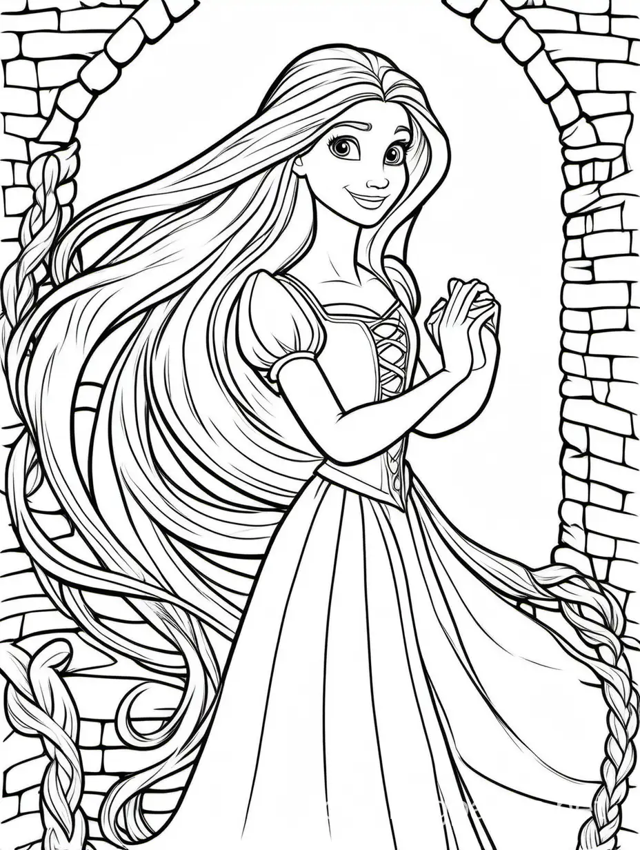 Rapunzel, Coloring Page, black and white, line art, white background, Simplicity, Ample White Space. The background of the coloring page is plain white to make it easy for young children to color within the lines. The outlines of all the subjects are easy to distinguish, making it simple for kids to color without too much difficulty