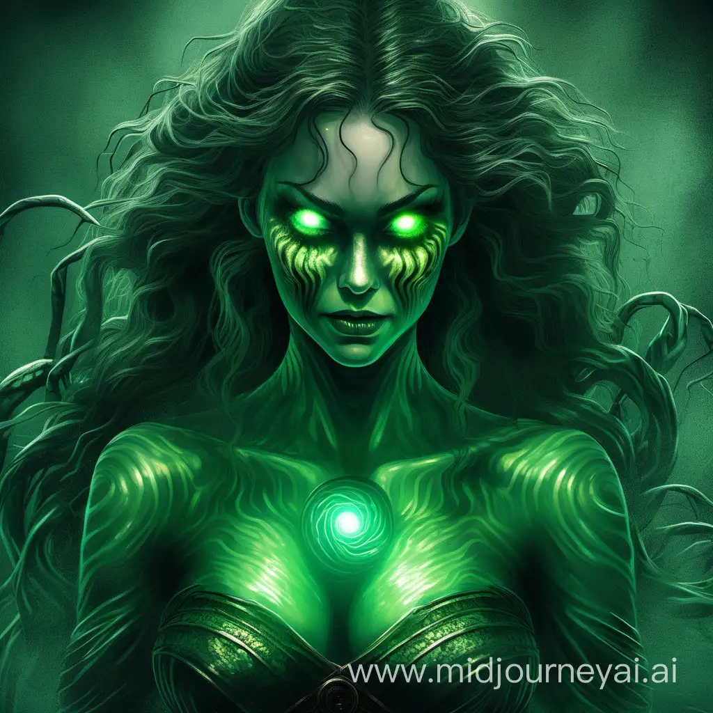 portrait of a creepy siren with glowing green eyes