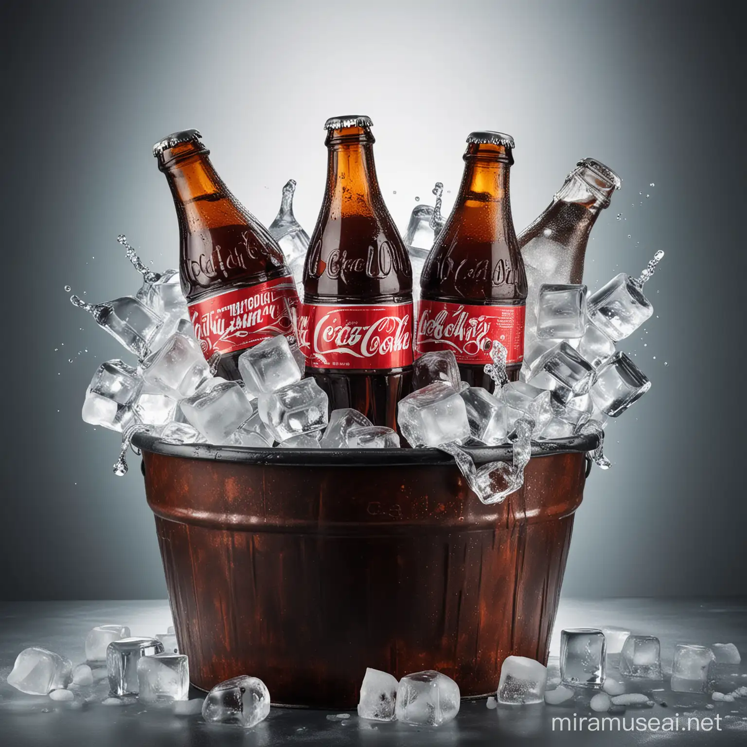 Create an image of one big cold bottle of coke inside a bucket of ice cubes
