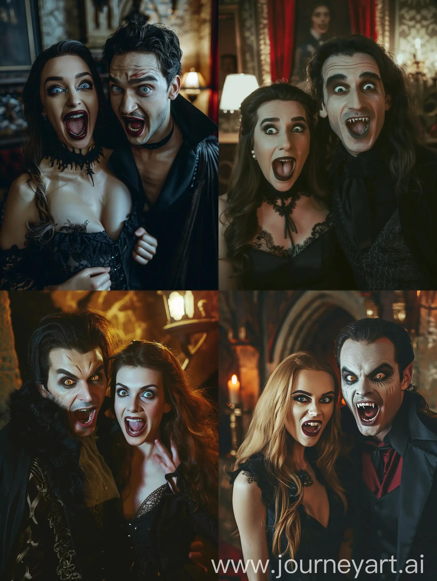 professional photographs of a vampire with a beautiful woman, twenty years old, expressive eyes and facial features, excited expression, intimate poses, front, ancient castle interior, lamplight, fill lighting, focused photographic images of woman and vampire, dramatic colour photography, artistic depth of field, photorealism