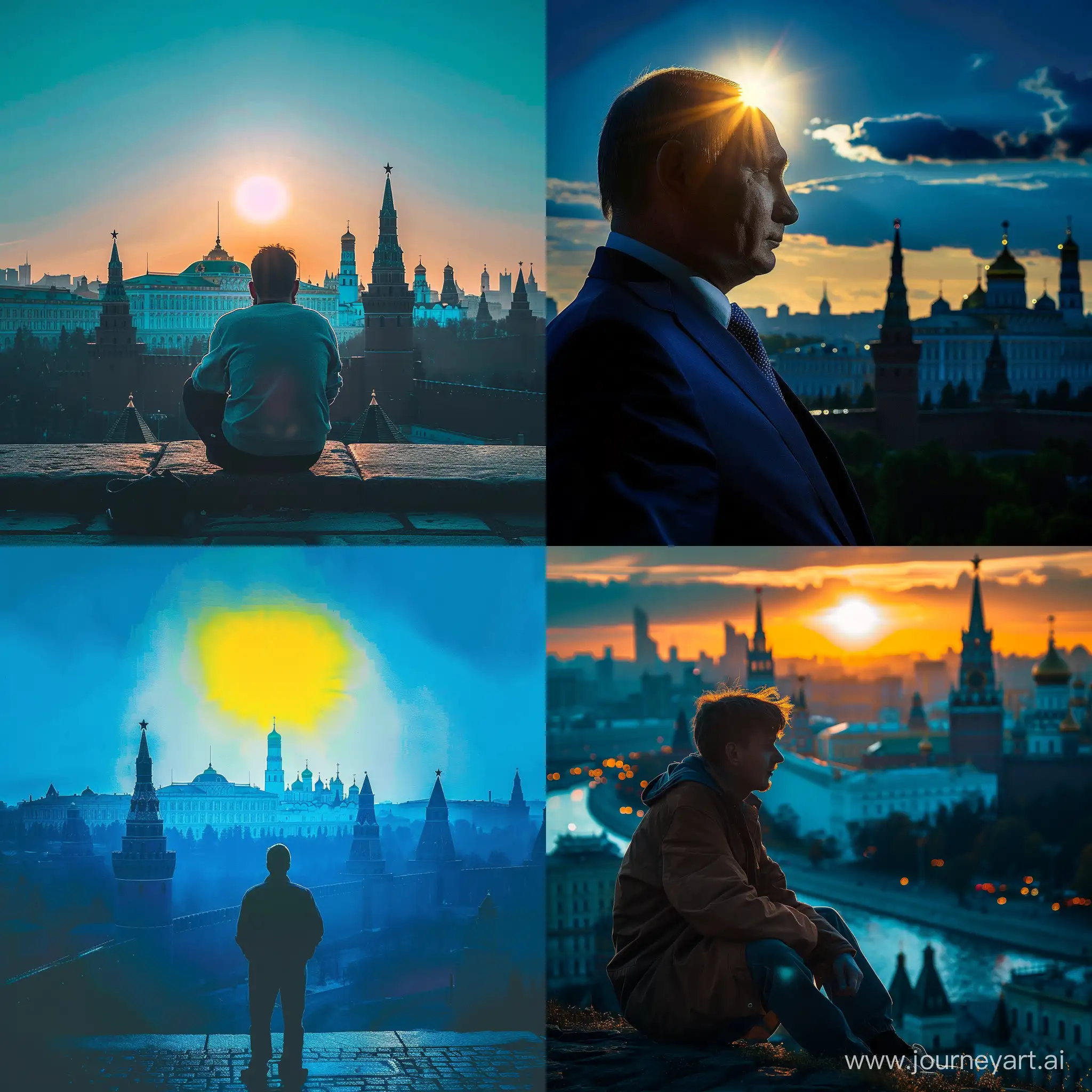 A photo that is somewhat closer to the truth of the Kremlin and Moscow behind him in blue and the sun yellow 