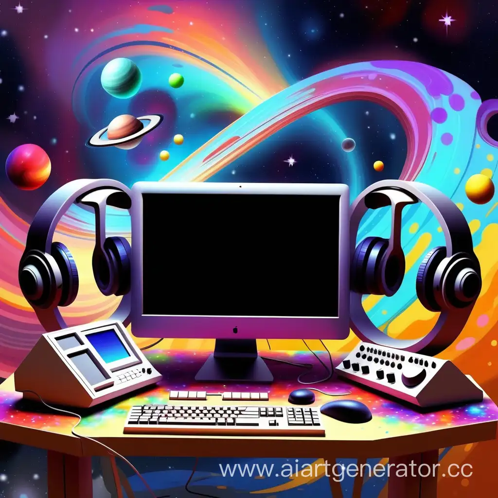 компьютер, музыка, космос, звёзды, бесконечность, яркие цветные краски