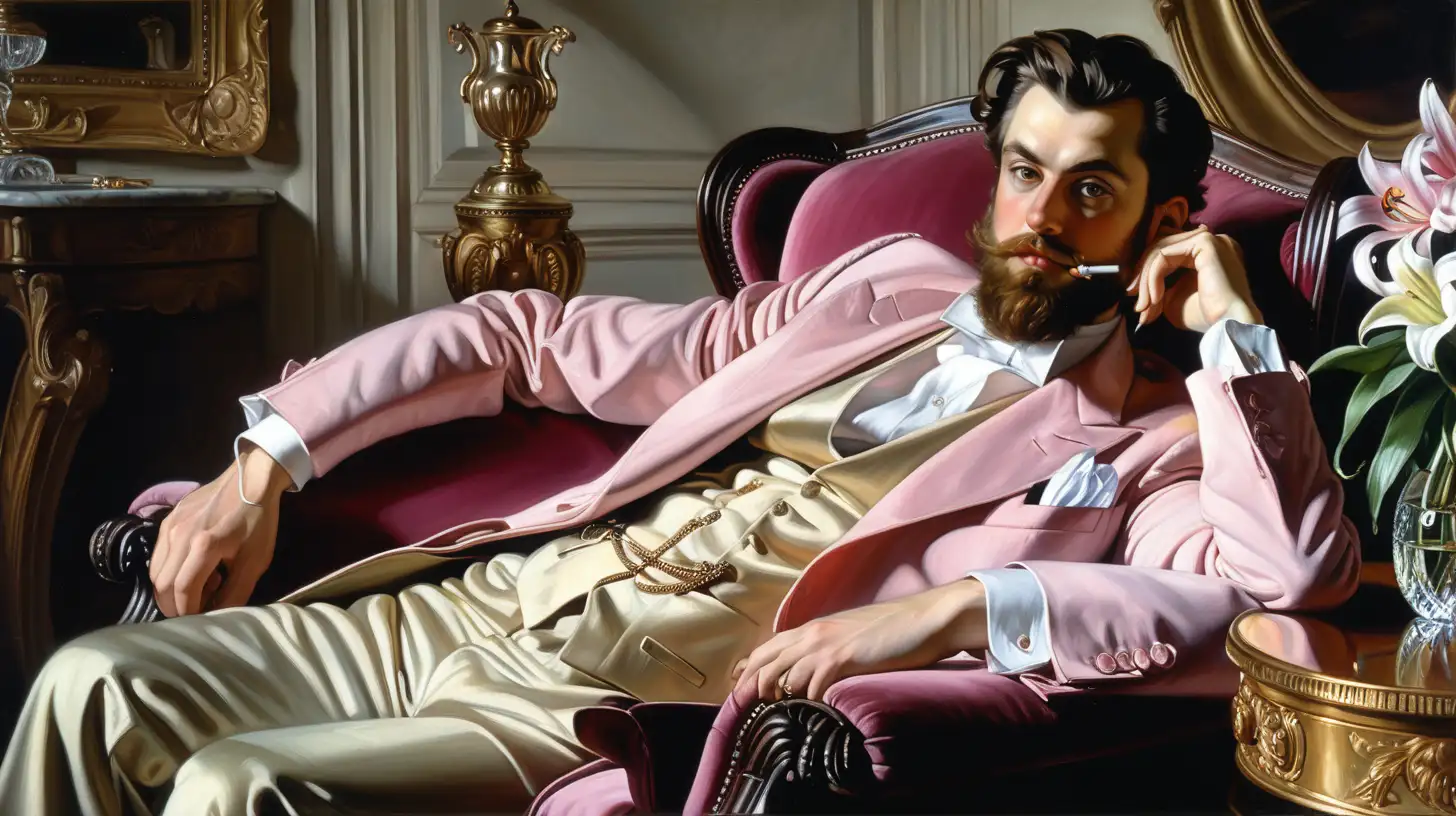 Intense Brunet Man in Black Satin Smoking lounging in Bourgeois Salon