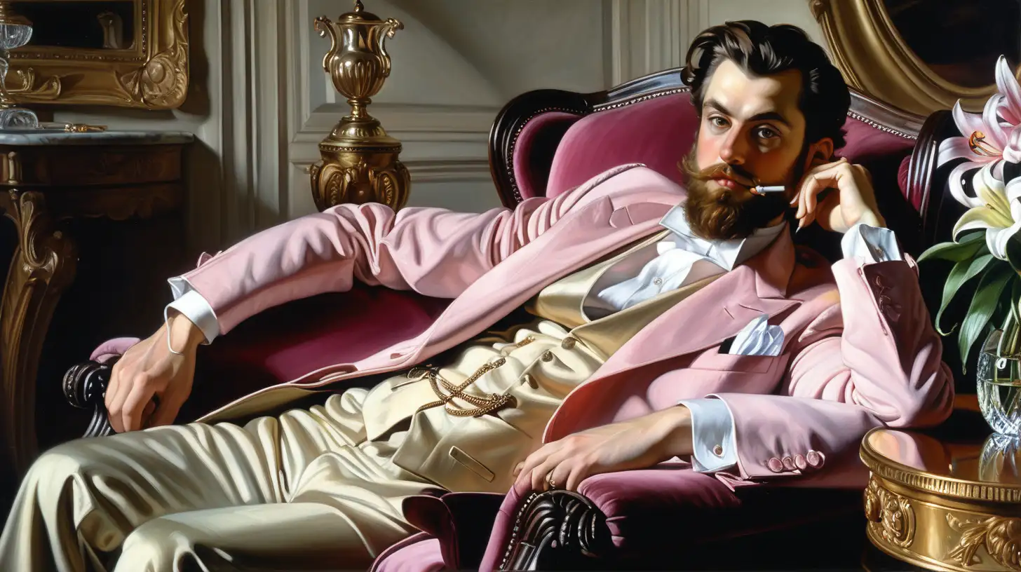 portrait jeune homme de 33 ans, brun, cheveux bruns décoiffés, regard intense vers le spectateur, barbe, smoking satin noir, dans le style de john singer sargent, intérieur ensoleillé, réaliste, allongé dans un fauteuil en velours rose, dans un salon bourgeois or et blanc, guéridon en bois avec un vase en cristal, vase avec des lys blancs