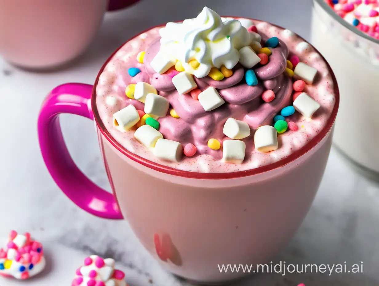 hot chocolate drink made with white chocolate chips that is all pink in color with mini marshmallows, rainbow sprinkles, and whip cream on top