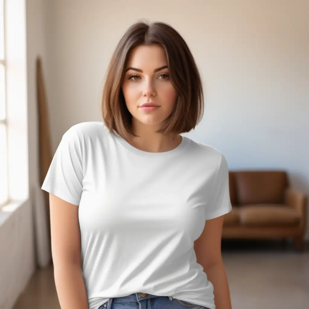PLAIN white T-SHIRT, bella 3000 mock-up photo woman, hair brown long bob cut, chubby, 
IN THE BACKGROUND a sunny room

