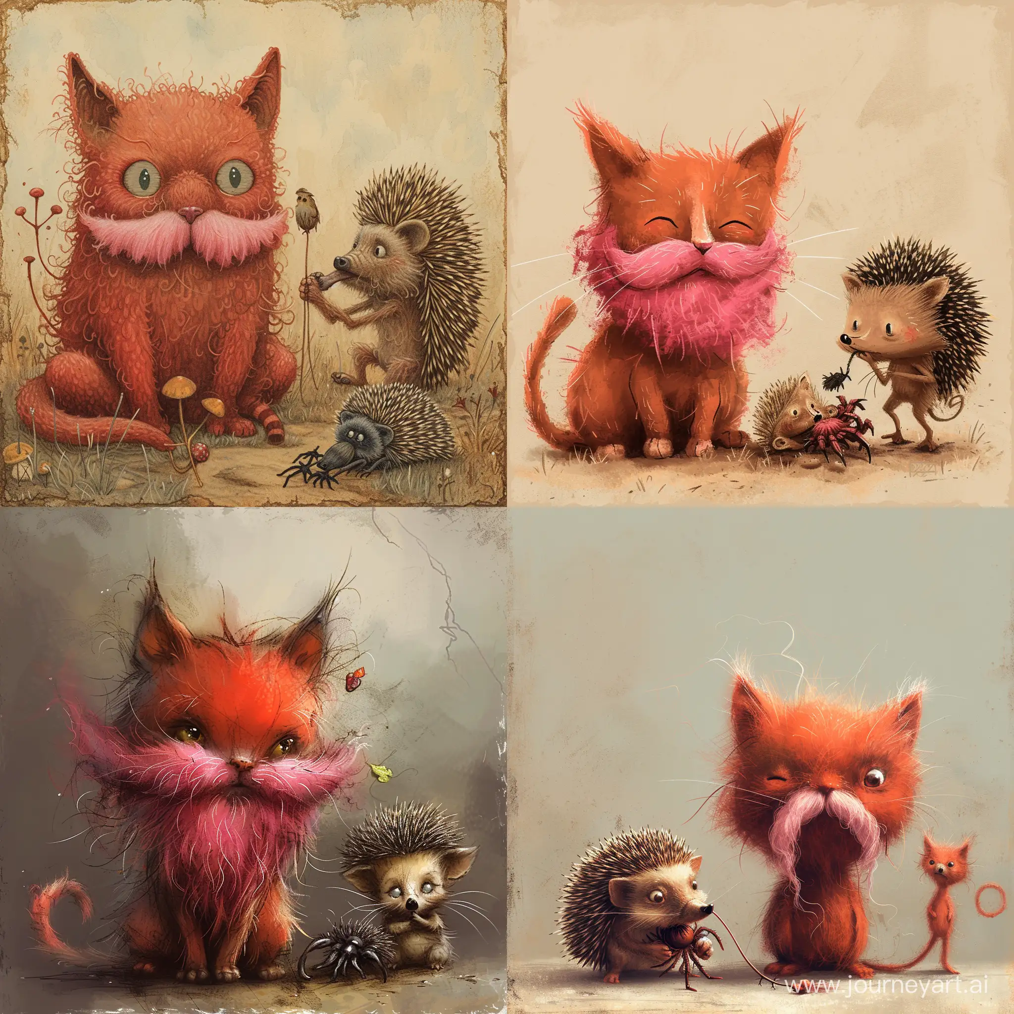Adorable-Red-Cat-with-Pink-Beard-and-Fluffy-Tail-Beside-Hedgehog-and-Tarantula