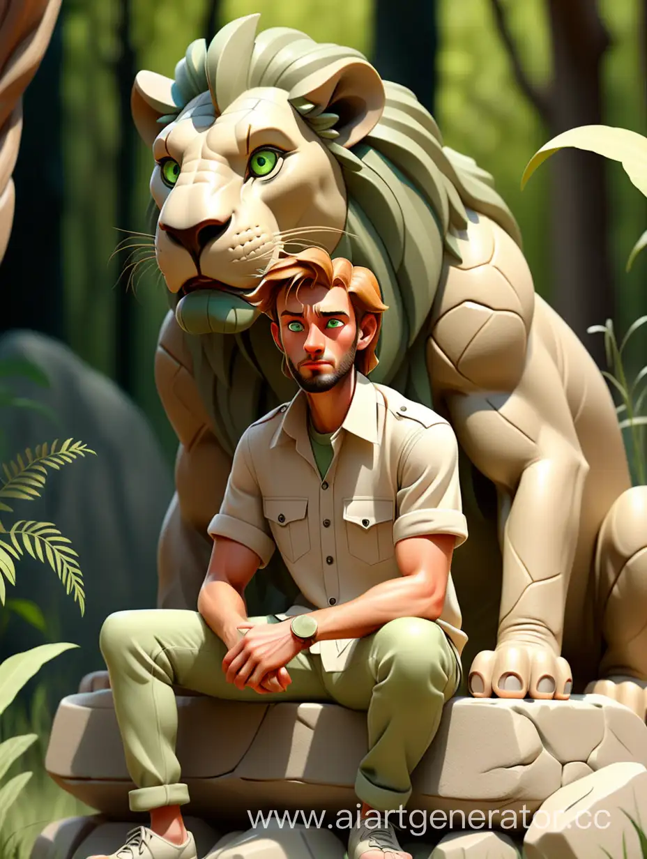 A guy is sitting on a stone against a forest background, green eyes, clear drawing of details, beige shirt, sunlight, animals, wild cats, lion, panther, elephant, bear, parrot, heron,frog scorpion,in the world of animals,overdetalization