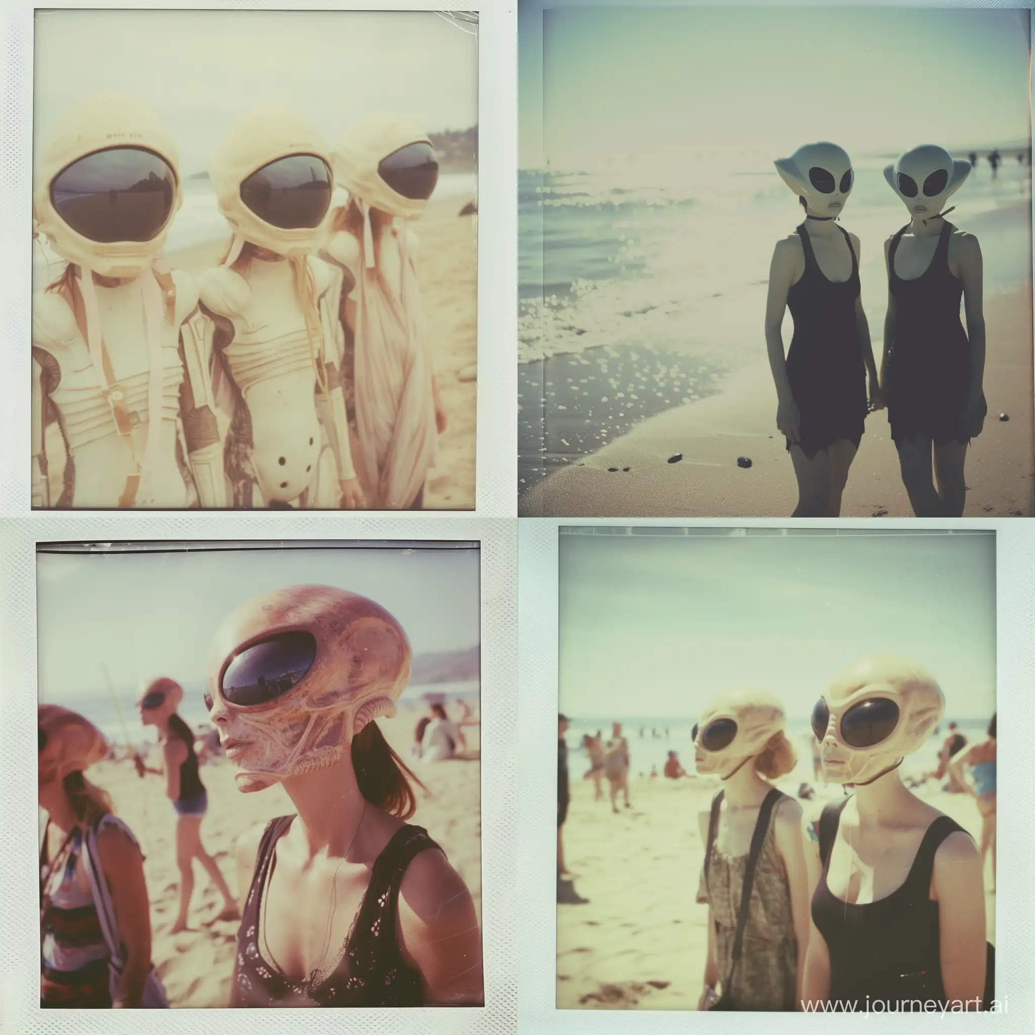 Alien-Womens-Polaroid-Snapshot-at-California-Beach-with-Plastic-Helmets
