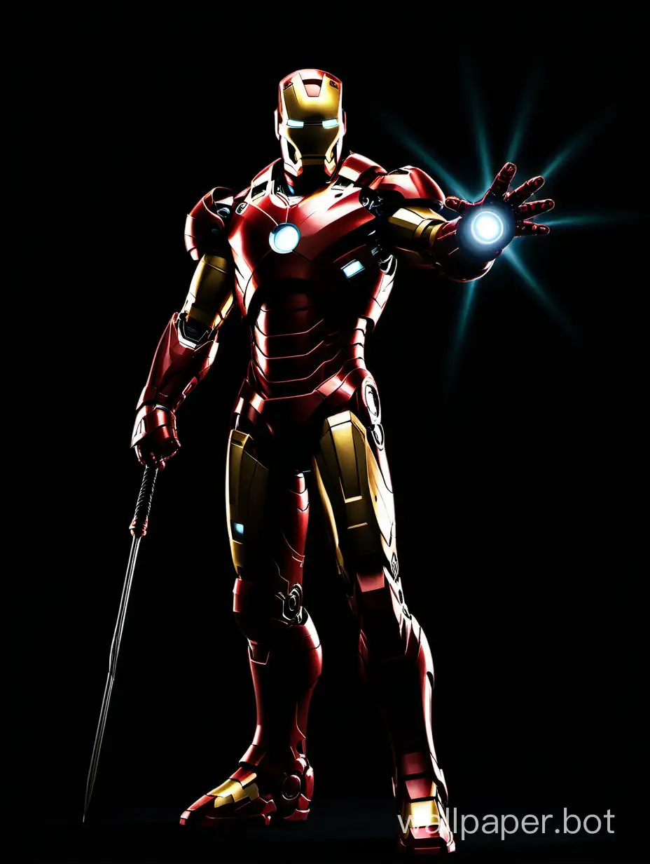 Ironman stands in the shadow on a black background. The right hand is visible from the shadow, holding a staff. The combat staff is illuminated by light.