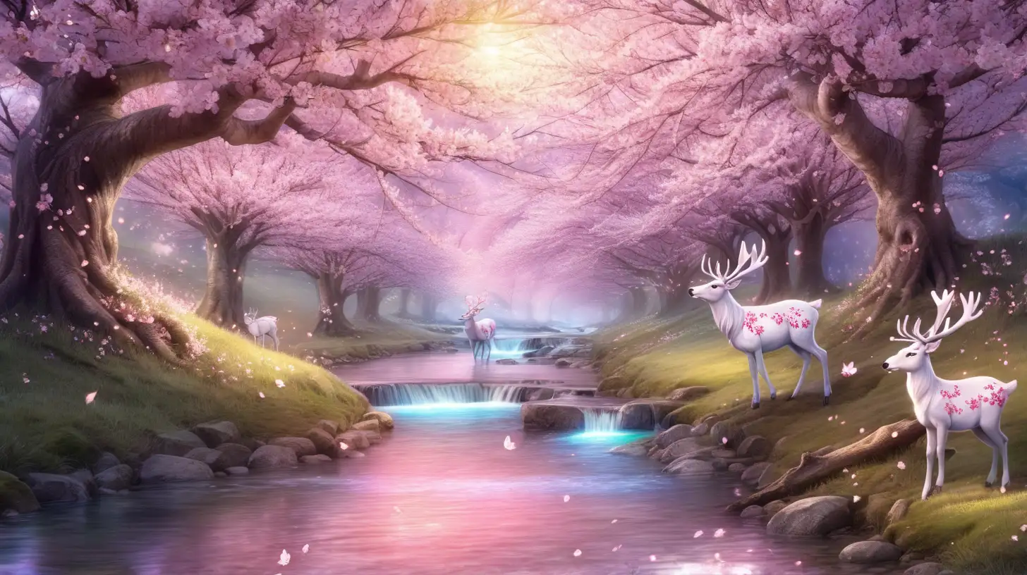 magical-fairytale cherry blossoms by a stream, with one magical glowing-stag