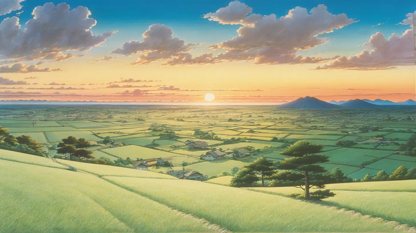 Majestic Sunset Landscape Inspired by Hayao Miyazaki