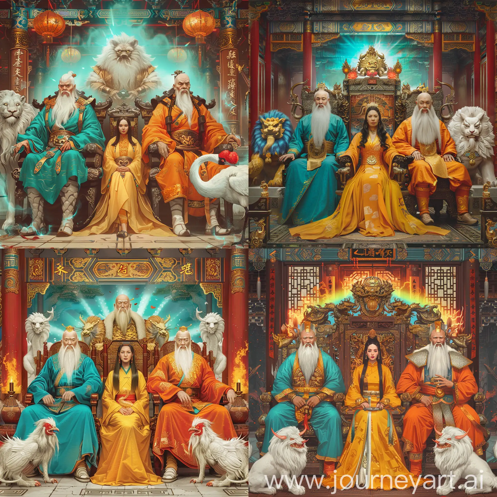 two Chinese Han dynasty Emperors with mid-long white hair and beards, with aurora behind their head, are sitting on their thrones,

the left one in turquoise clothes,
the right one is bald and in orange clothes, 

a middle-aged black hair Chinese empress sits on her throne in the middle, between the two emperors, she is in deep yellow clothes,

an azure nine-headed lion on left side and a white red-crowned crane on right side, they are before the emperors,

they are all inside a splendid Chinese Palace,