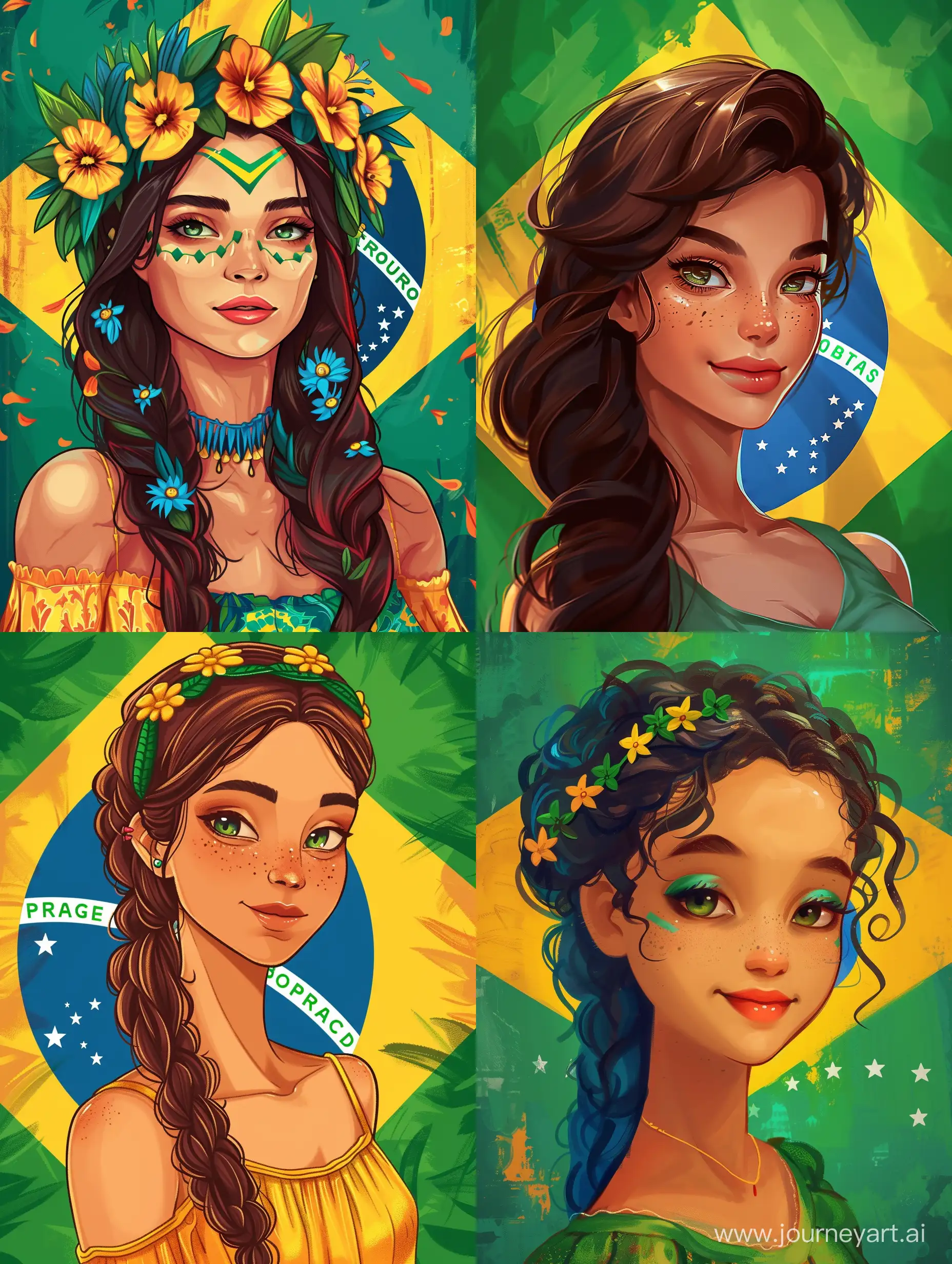 اگه کشور برزیل یک دختر بود، چه شکلی میشد؟ یک دختر زیبای برزیلی خلق کن.پس زمینه هم پرچم برزیل باشد
