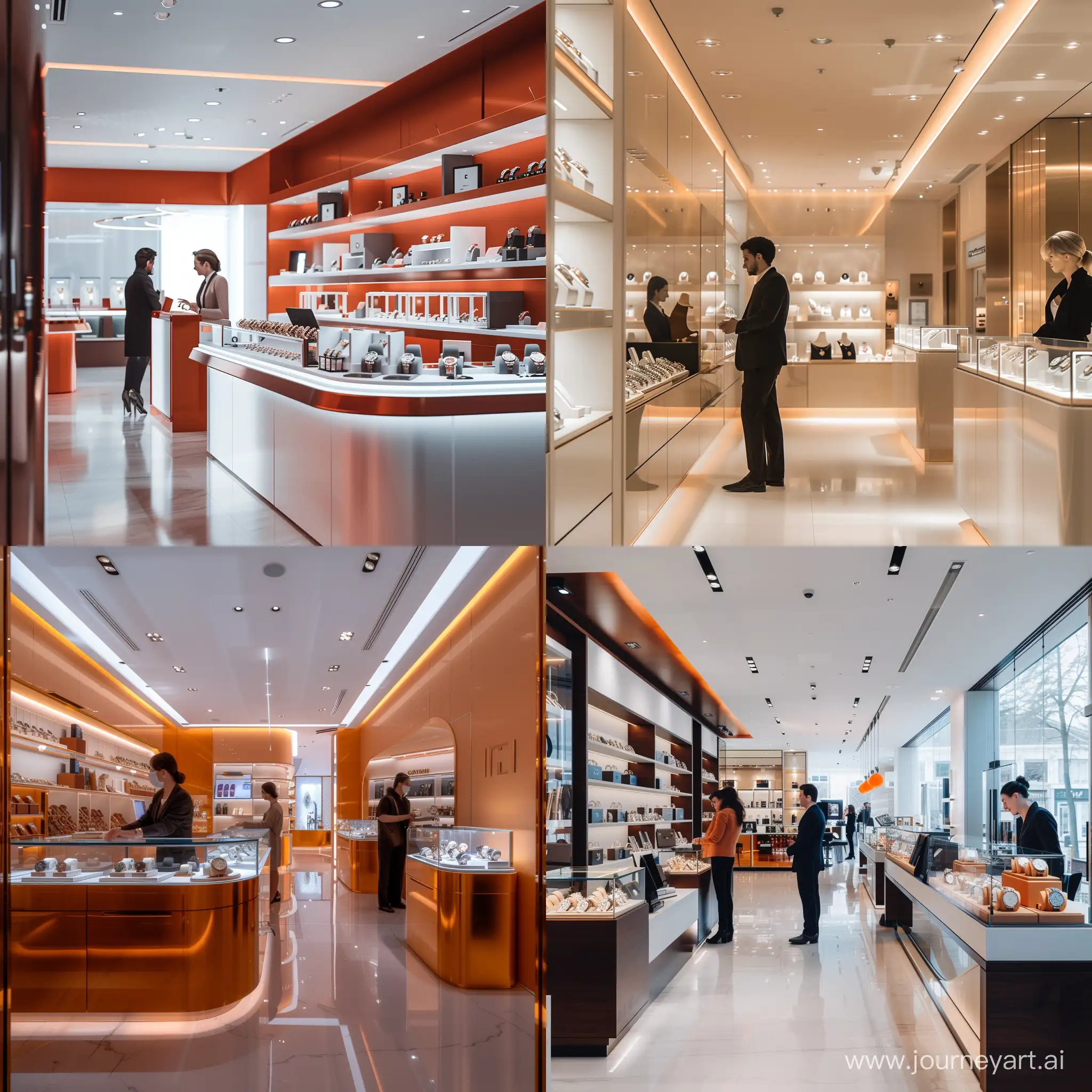 User a photorealistic image depicting the interior of a bright, modern jeweler, designed to resemble a photograph taken with specific camera settings. The scene includes luxurious watches and jewelry on shelves and counters, a customer, and a salesperson, all set in a sophisticated and modern Swiss luxury retail environment. Nikon D810 | ISO 64 | focal length 20mm (Voigtländer 20mm f3.5) | Aperture f/9 | Exposure Time 1/40 Sec (DRI)