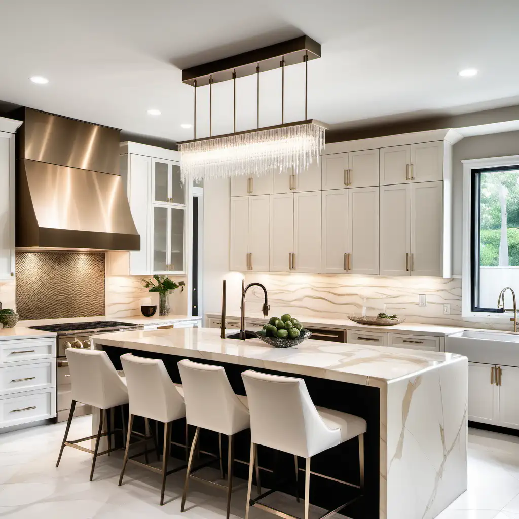 Interior design of a luxury contemporary kitchen with beige subtle marble tiles and waterfall island with cream barstools & bronze accents. White shaker cabinets and statement crystal pendant above island. Silver appliances 