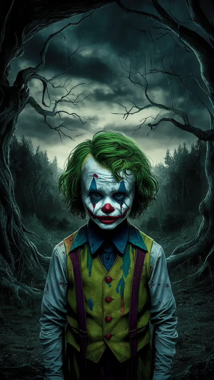 Joker as a 6 year old boy standing alone in the woods crying.