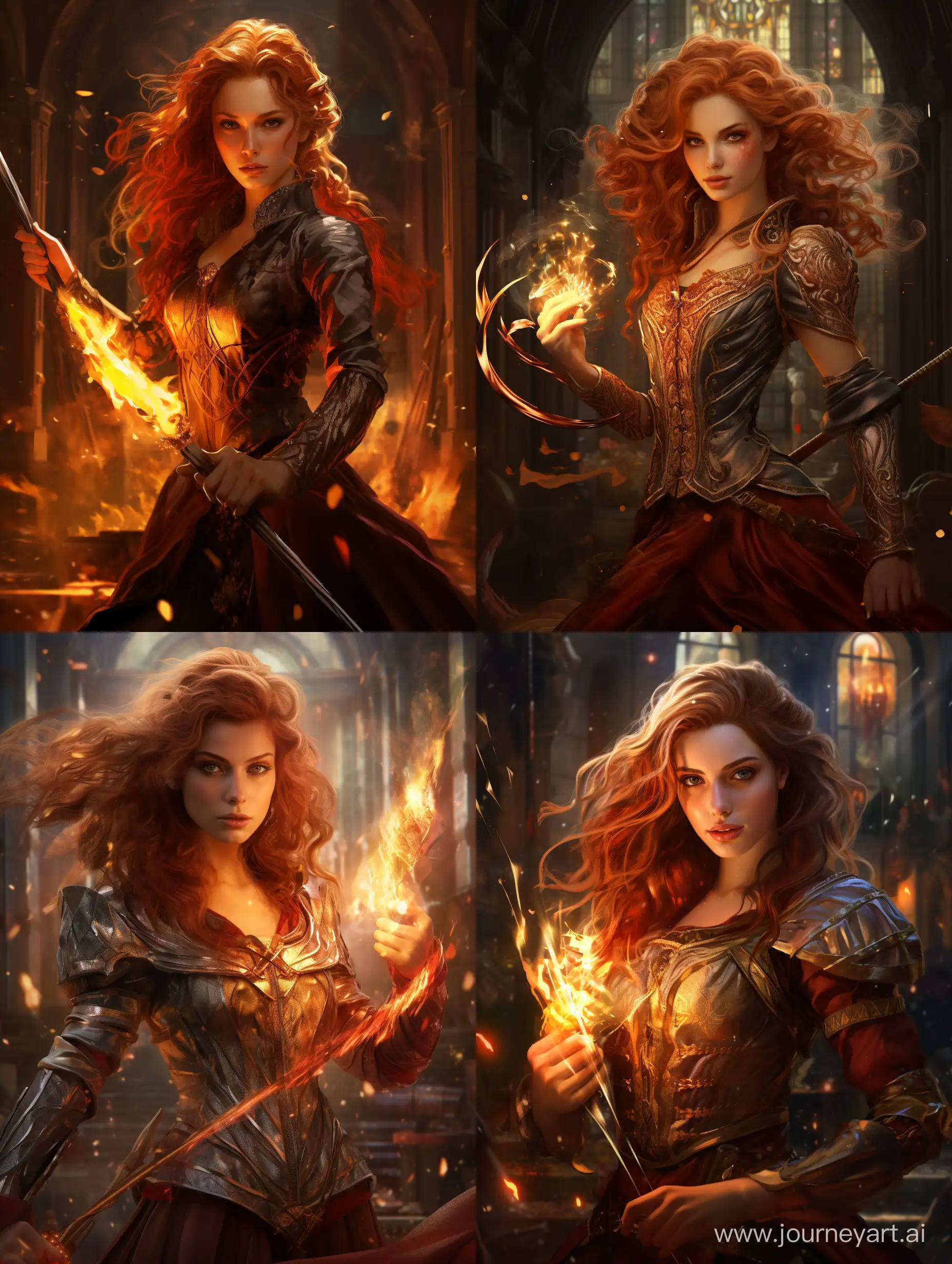 young red headed noble woman, wearing an elegant dress, wielding a rapier burning with magic fire 