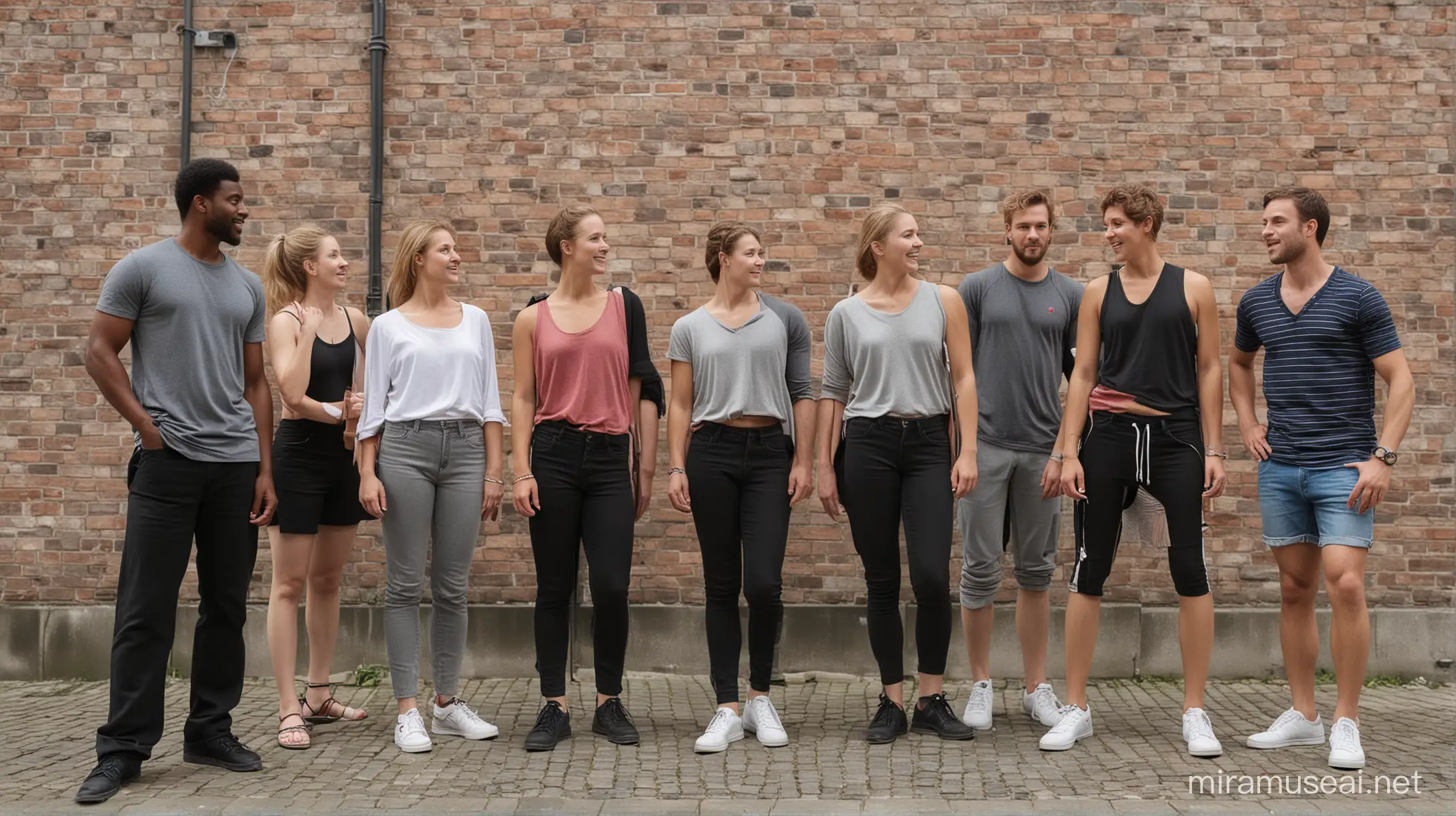 a group of people, mixed men and woman, alle people are standing, the men and woman are age 18 to 50 years old, they are rehearsing for a musical, their clothes are casual, they are in a trainingsroom in the Netherlands, all people are dutch, it is summer, outside the window you can see the centre of Utrecht in the Netherlands with the Dom of Utrecht.