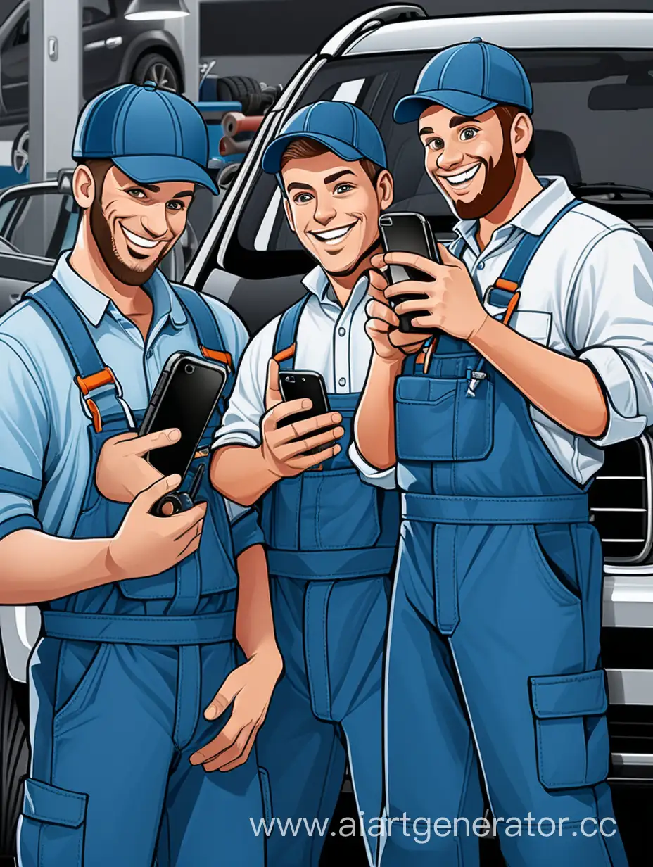 счастливый коллектив автослесарей с телефонами в руках устраиваются на работу на вахту автослесарем