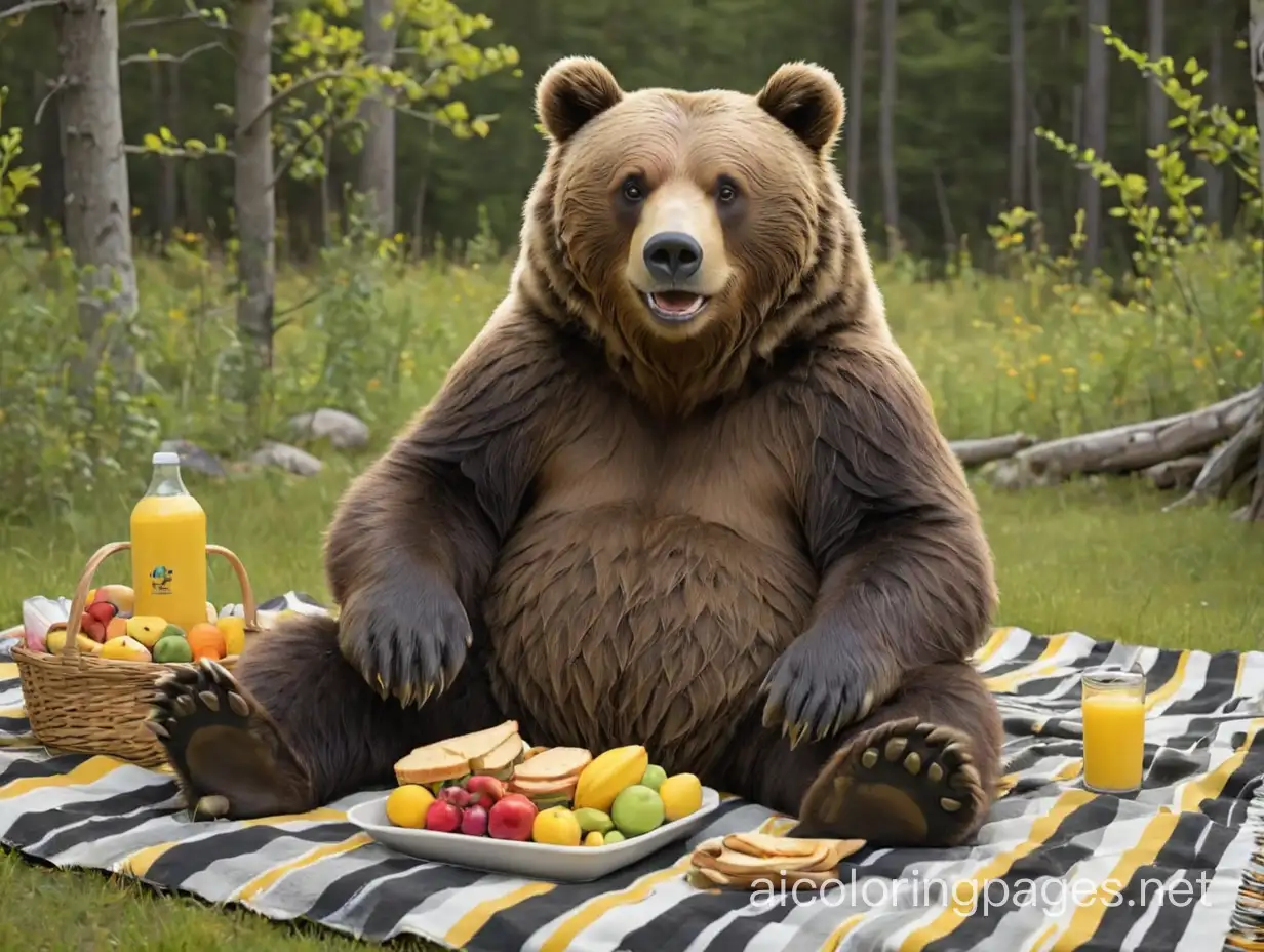 A grizzly bear in 3rd person view sitting on a black and yellow striped blanket having a picnic, Coloring Page, black and white, line art, white background, Simplicity, Ample White Space. The background of the coloring page is plain white to make it easy for young children to color within the lines. The outlines of all the subjects are easy to distinguish, making it simple for kids to color without too much difficulty