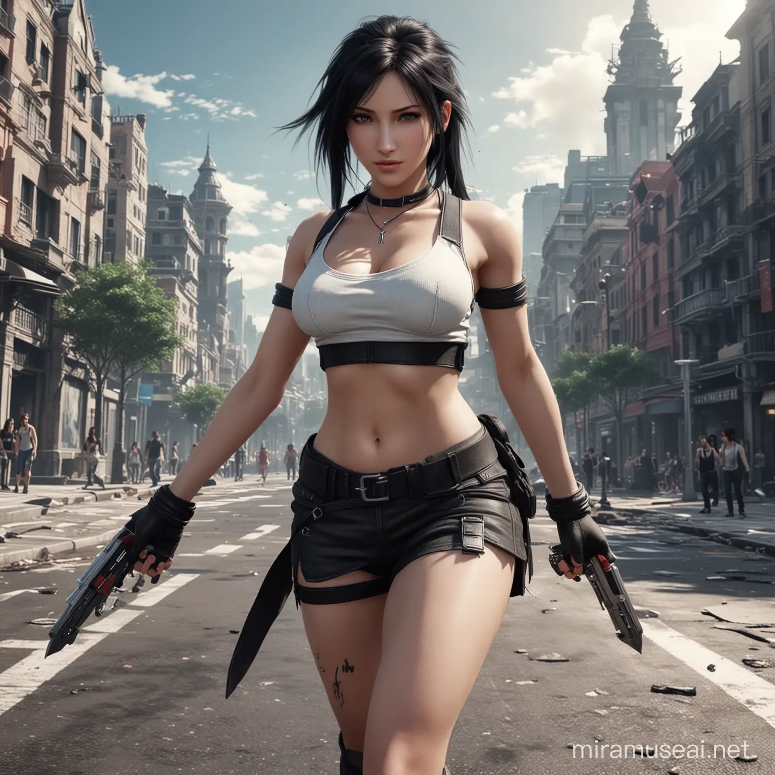 Tifa(final fantasy character) in action, A modern city in the background, Sketch Style, Ultra-Realistic, 32K, Detailed Texture, zoom burst 