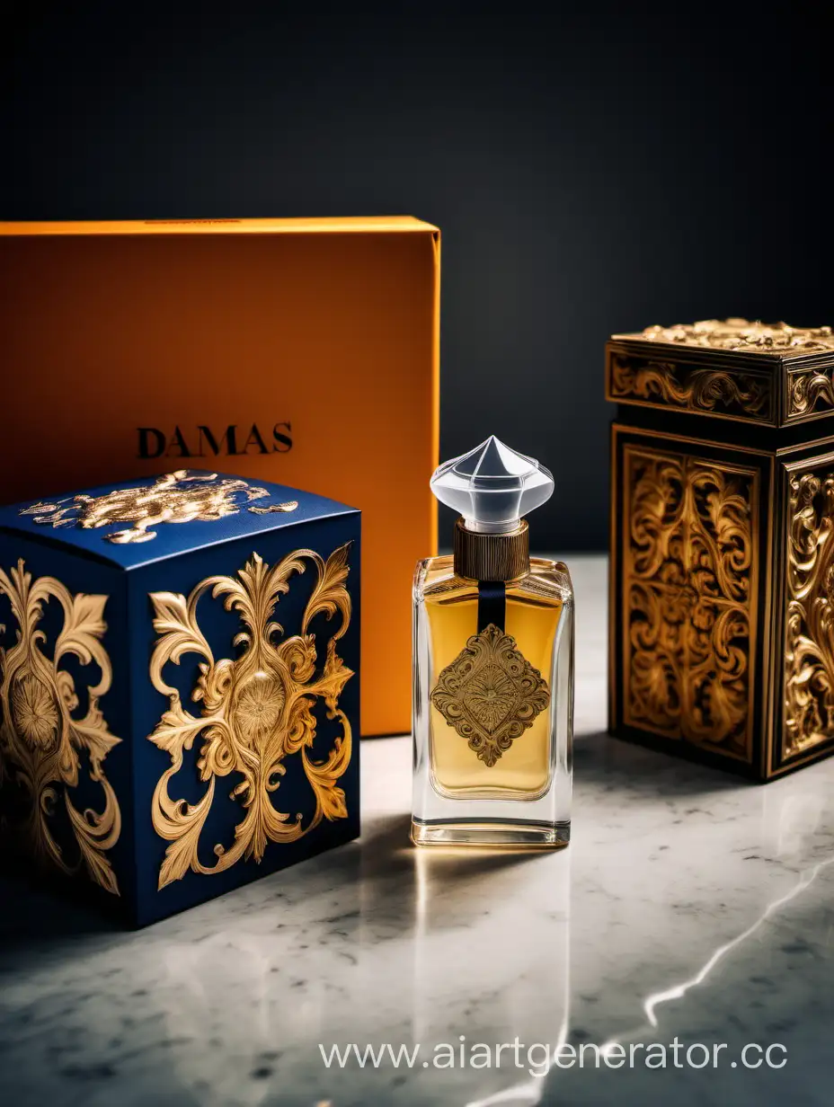 a bottle of damas cologne sitting next to a box, a flemish Baroque by Demetrios Farmakopoulos, instagram contest winner, dau-al-set, dynamic composition, contest winner, feminine