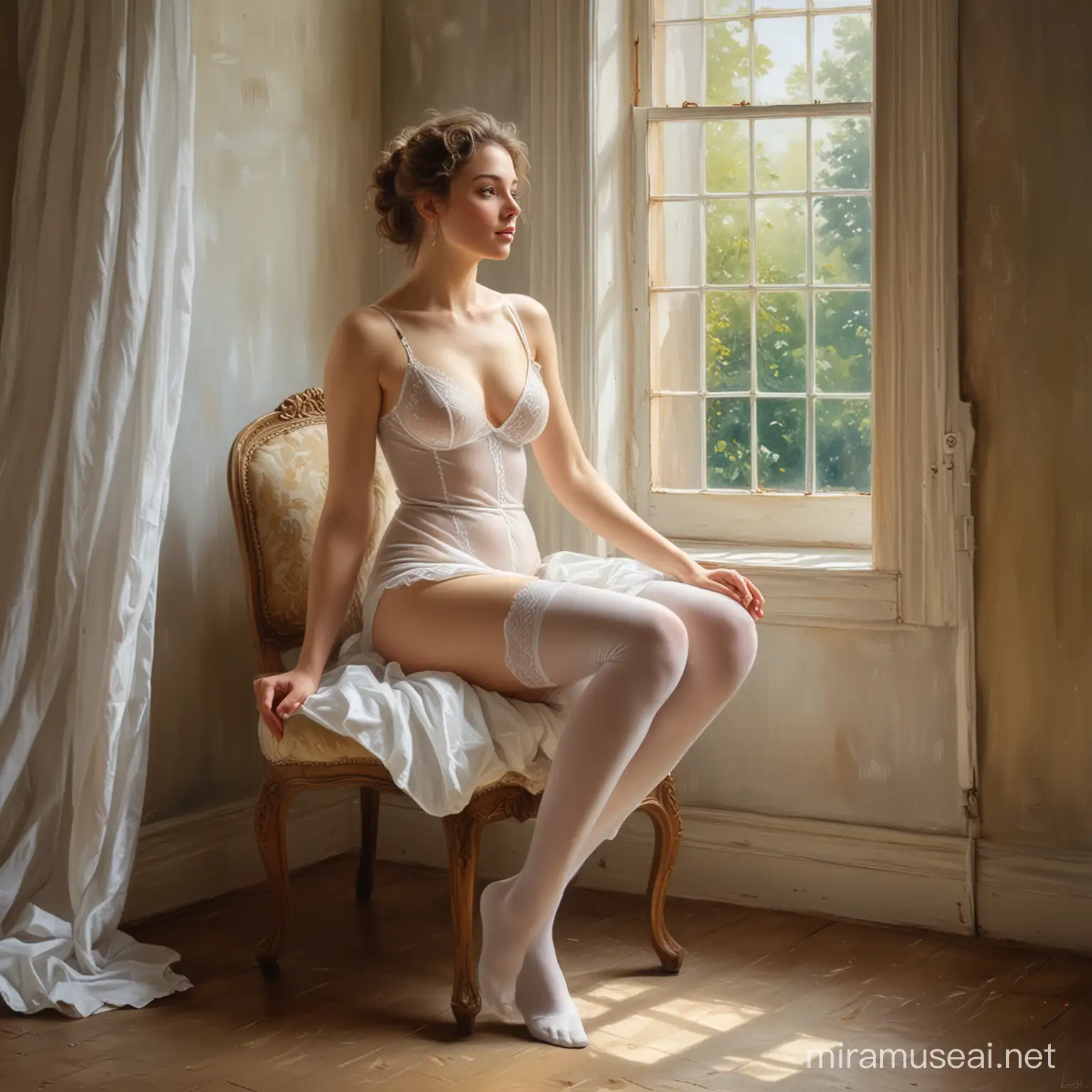 Nude oil painting of a young stunningly beautiful woman with white opaque stockings, sitting in a chair near a small window. Wide angle shot. In the style of Elisabeth Vigee Le Brun.