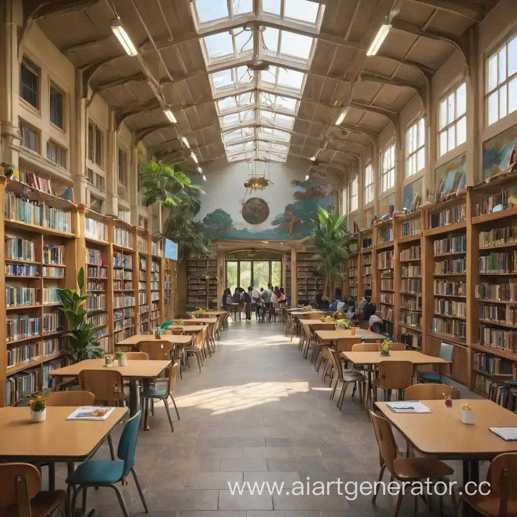 территория школьного кампуса, где ученики и учителя это персонажи, на территории есть столовые кафе и библиотеки 