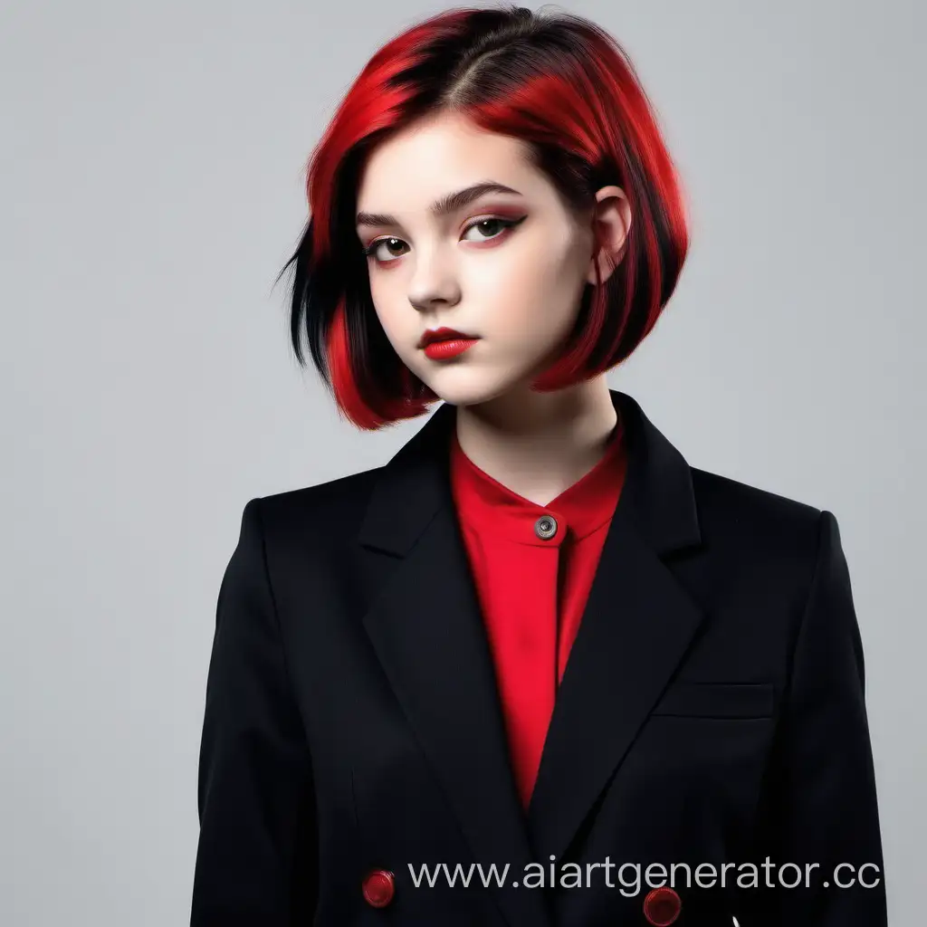 Девочка 15 лет с пышным объемный каре с красно-чёрным сплит окрашиванием, зачесанным на бок, одетая в чёрный классический пиджак