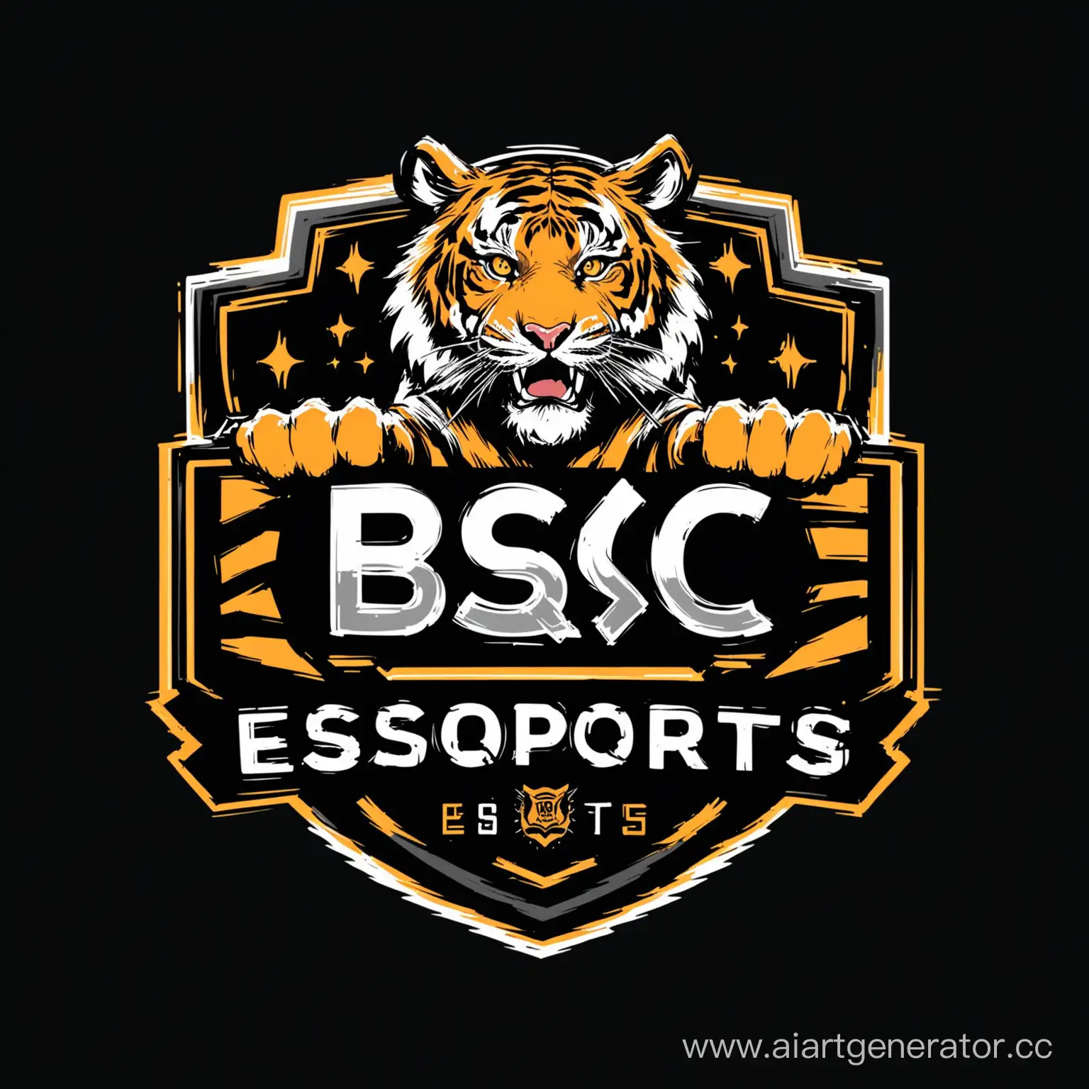 Тигр держит надпись BSQ eSports на чёрном фоне 
