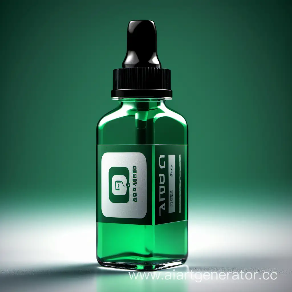 Generate a photo of a vape liquid bottle, label in Mars Green color with the logo and the name CUBE