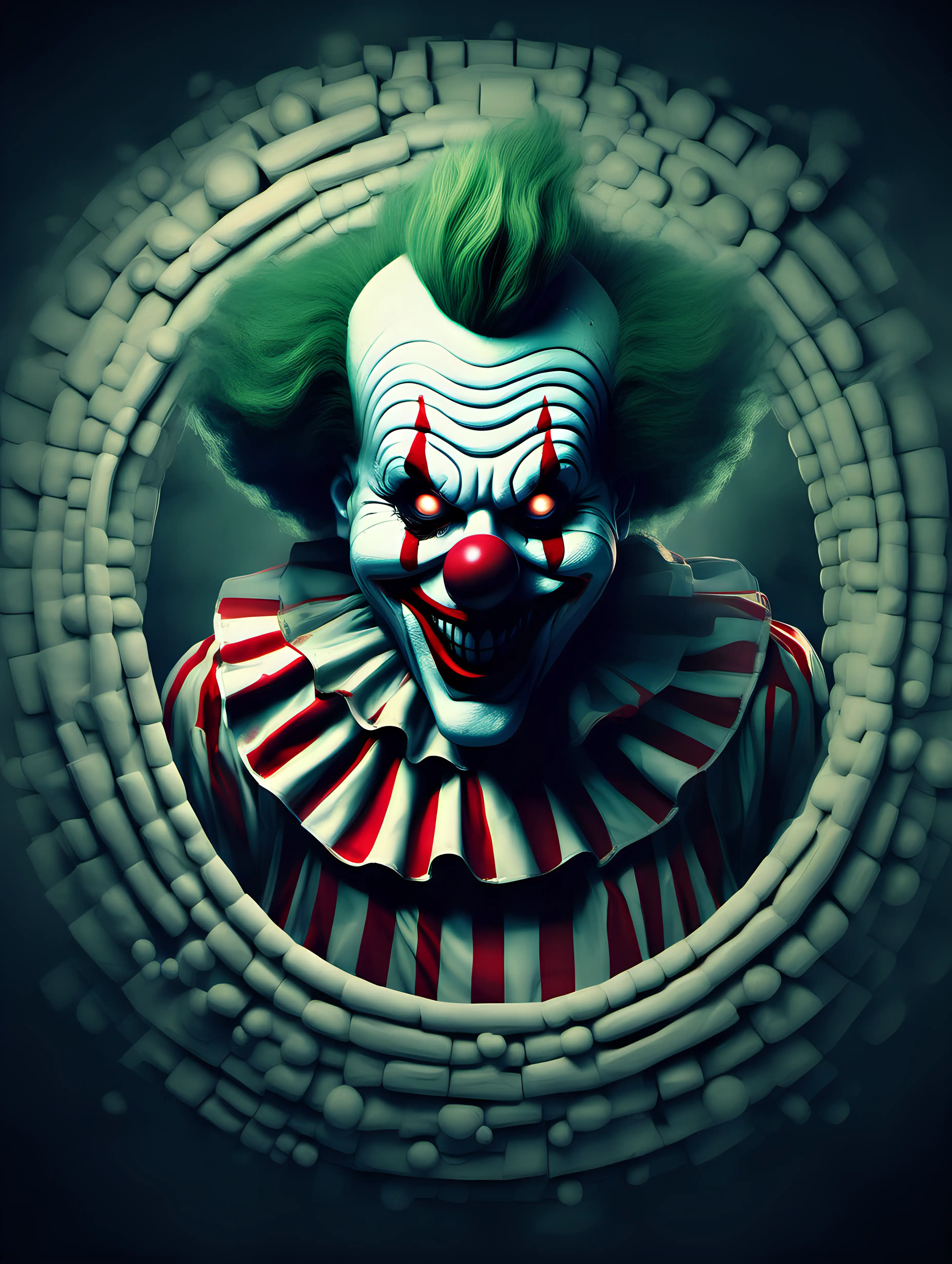 create a illustration page of a 3d hypnotic illusion creppy scary horror clown
