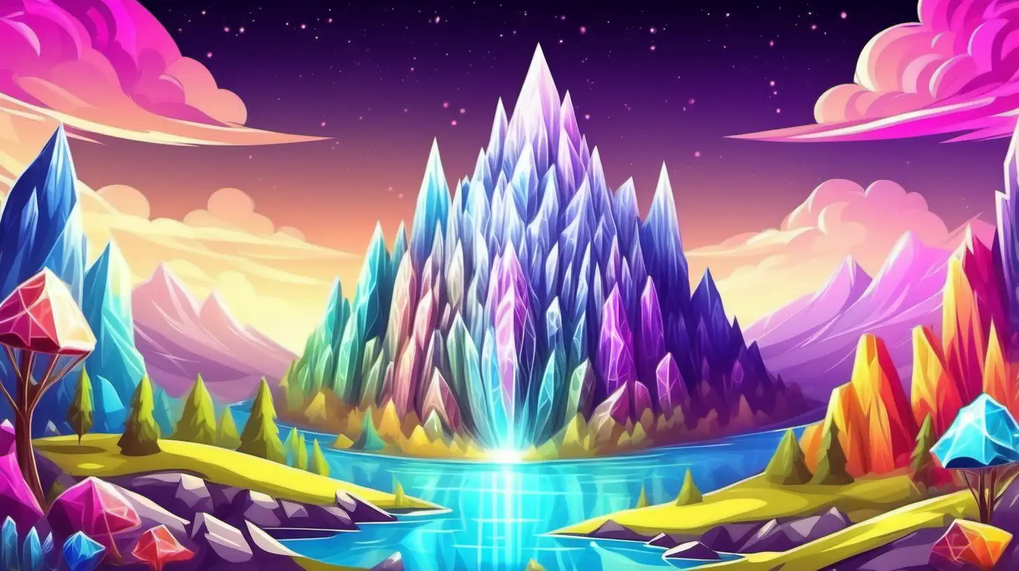 beautiful colorful scene of a fairytale a magical large crystal mountain  in fun cute cartoon style
