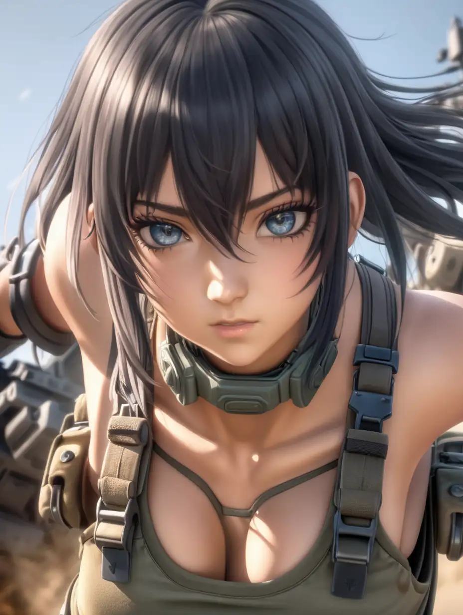 (cinematic lighting), In the heart of a fierce battle, an anime girl radiates strength and beauty, donning a private military contractor attire with a tank top that showcases her resilience, perfect breast, symmetrical face, Her determined gaze and battle-ready stance embody a perfect blend of grace and ferocity in the midst of combat, in action, half body photo, angle from below, intricate details, detailed face, detailed eyes, hyper realistic photography,--v 5, unreal engine