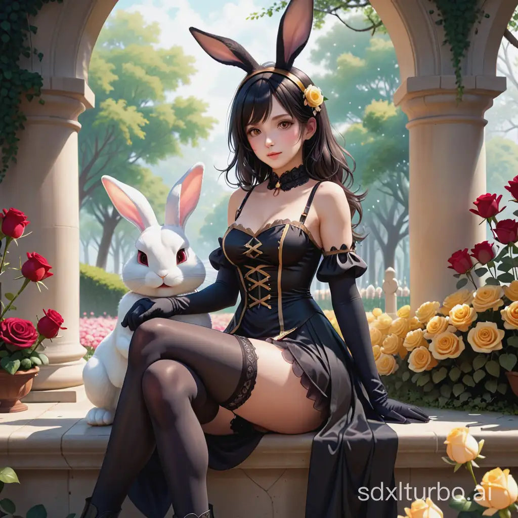 1girl,CHOCOLE_Alice,flower,(rabbit:1.3),sitting,rose,animal,looking at viewerYor Forger,yor briar,black hair,gloves,dress,black dress,thighhighs,red eyes,hair ornament,flower,gold hairband,fingerless gloves,weapon,two-sided dress,hair flower,black gloves,boots,hairband,thigh boots,black thighhighs,rose,two-sided fabric,bangs,black footwear,yellow flower,sleeveless,1girl,sexy pose, best quality,masterpiece,illustration,an extremely delicate and beautiful,CG,unity,8k wallpaper,Amazing,finely detail,masterpiece,official art,extremely detailed CG unity 8k wallpaper,incredibly absurdres,huge filesize,ultra-detailed,highres,extremely detailed,beautiful detailed girl,realistic,full frontal,outdoors,light contrast,<lora:Yor Forger:0.8>,<lora:Alice:0.7:stop=15>,