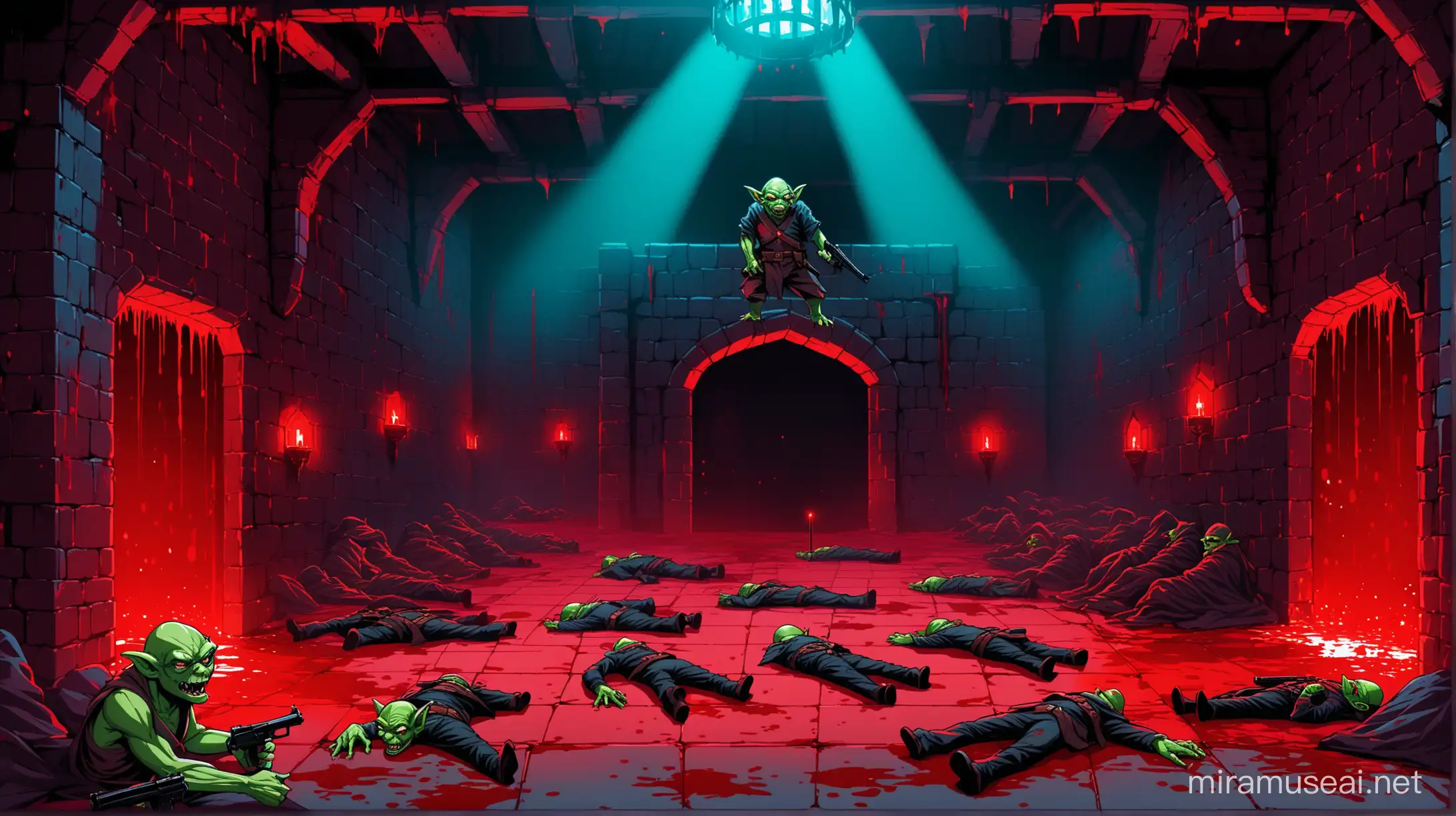 a small dungeon with cool colours, there is red lighting and blood splatter, there is a  goblin standing ominously, there are guns laying on the floor, there are dead bodies on the floor