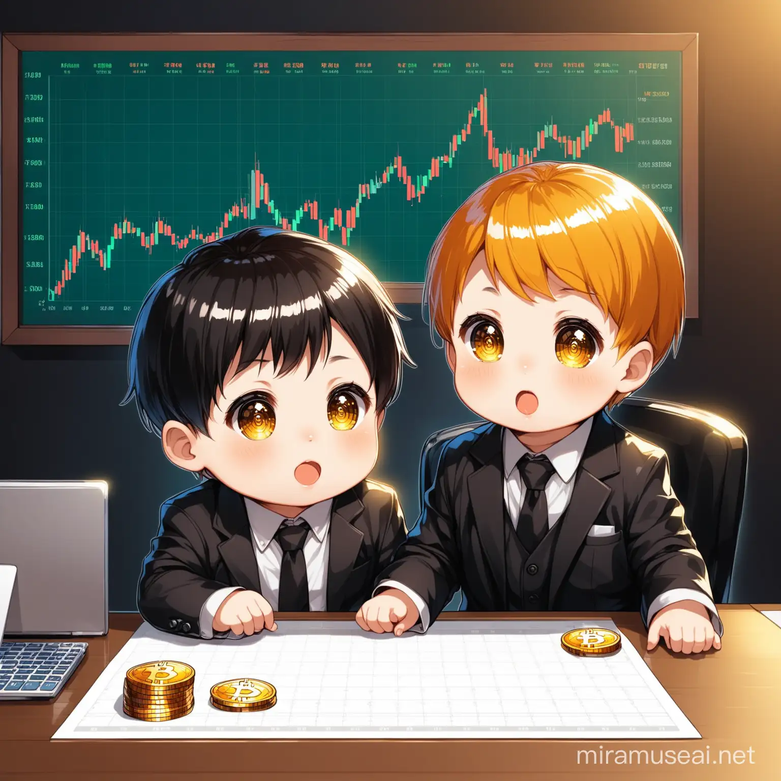 two asian cute toddler crypto boy sitting behind business desk with bitcoin ethereum on the desk and have full size chart background behind them
